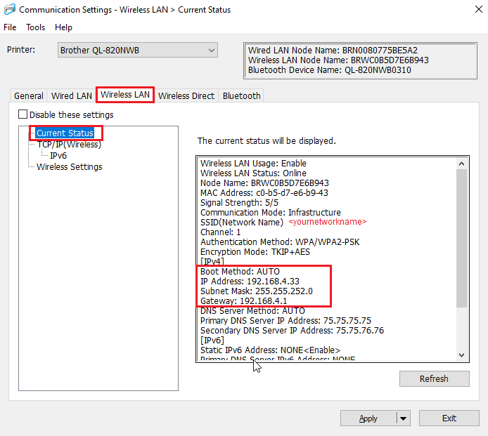 Display the current network status of the printer. 